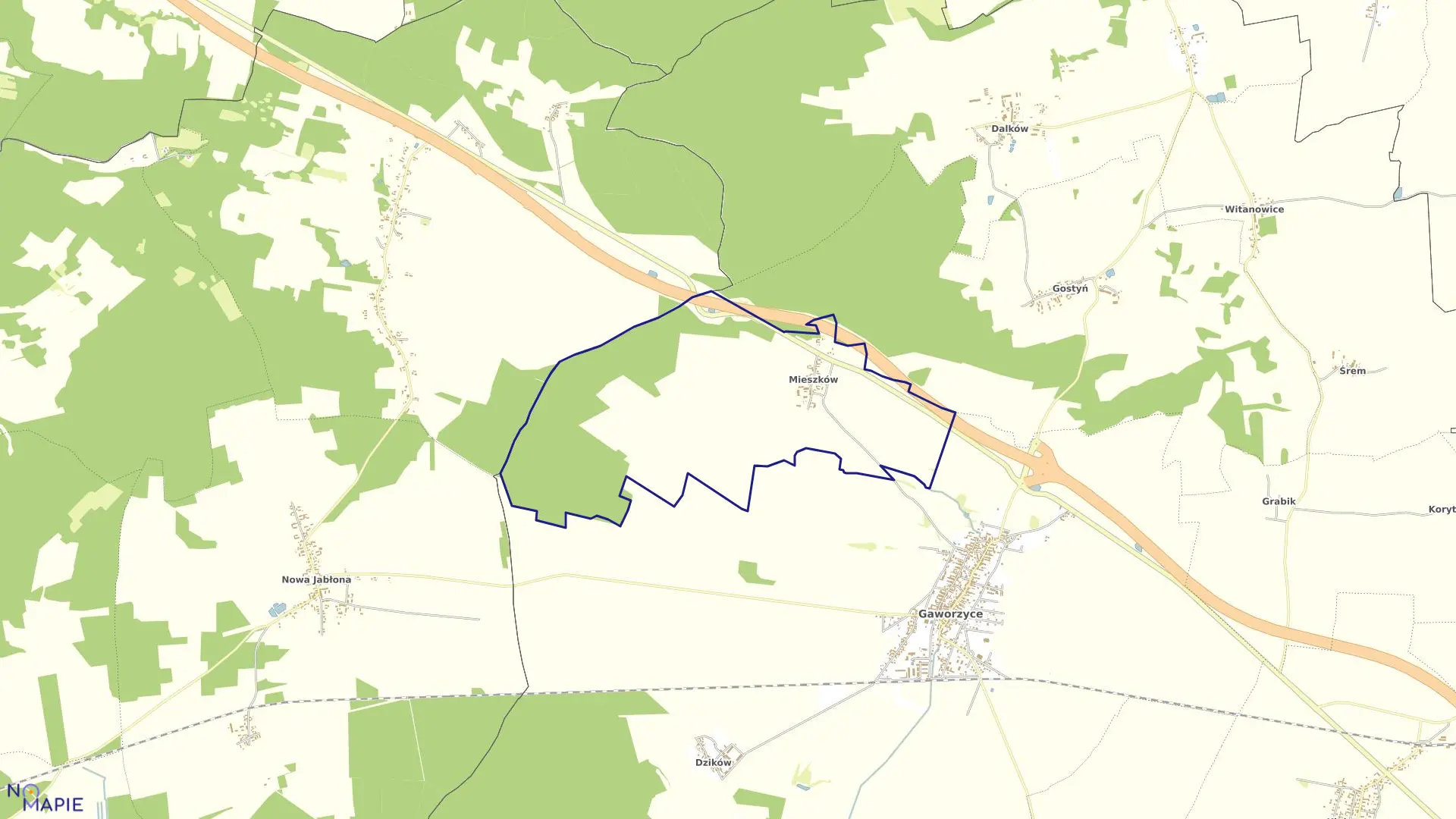 Mapa obrębu Mieszków w gminie Gaworzyce